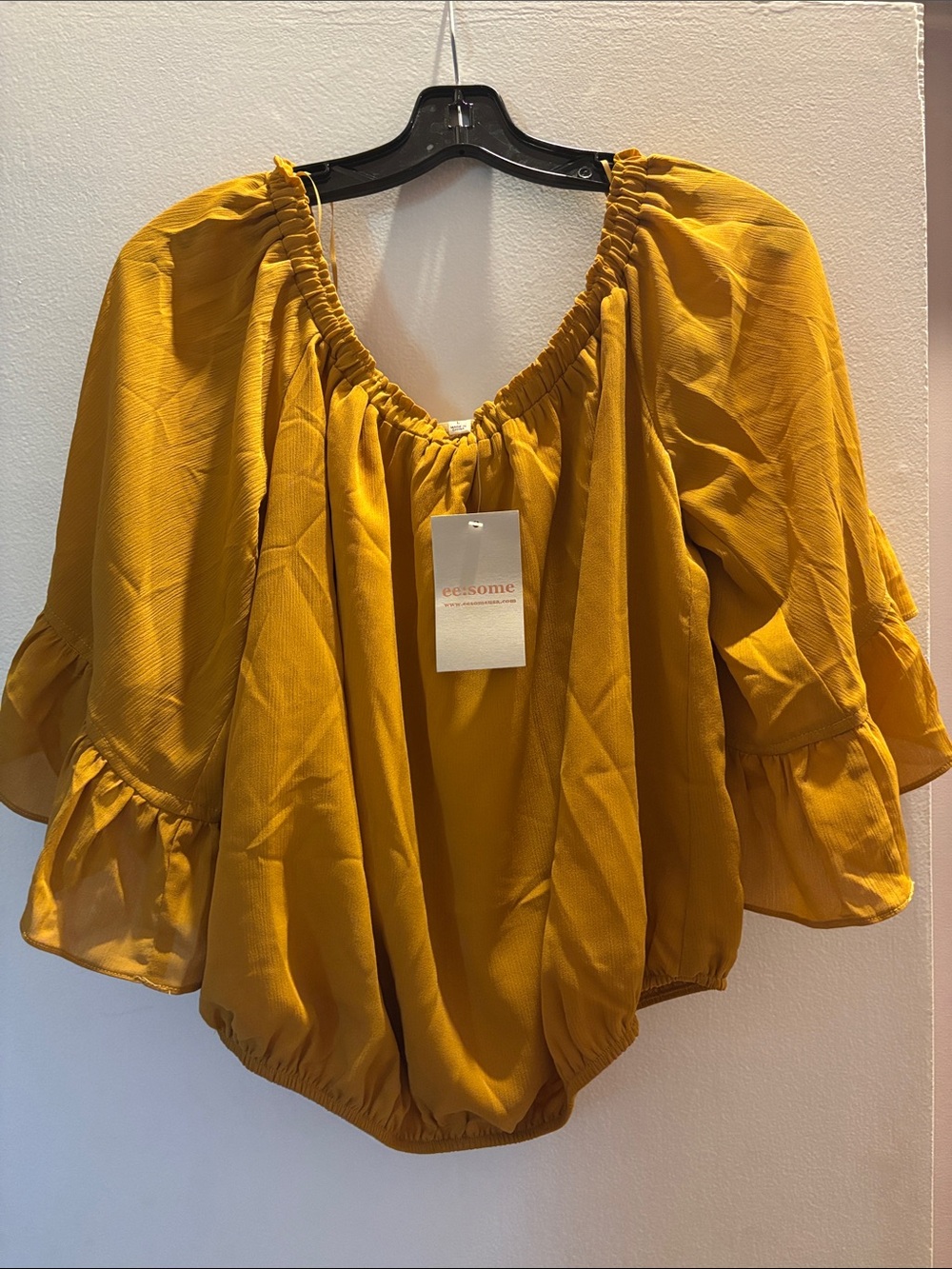 eesome Mustard Yellow Off-Shoulder Ruffle Crop Top
